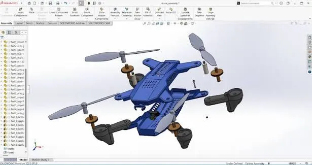 Bir dronun CAD montaj modeli, parçaları ayrık görünümde
