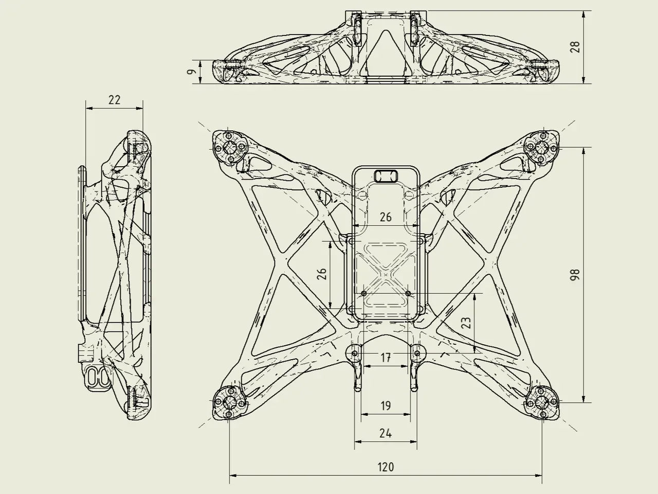Bir dron gövdesinin ölçülü teknik çizimi