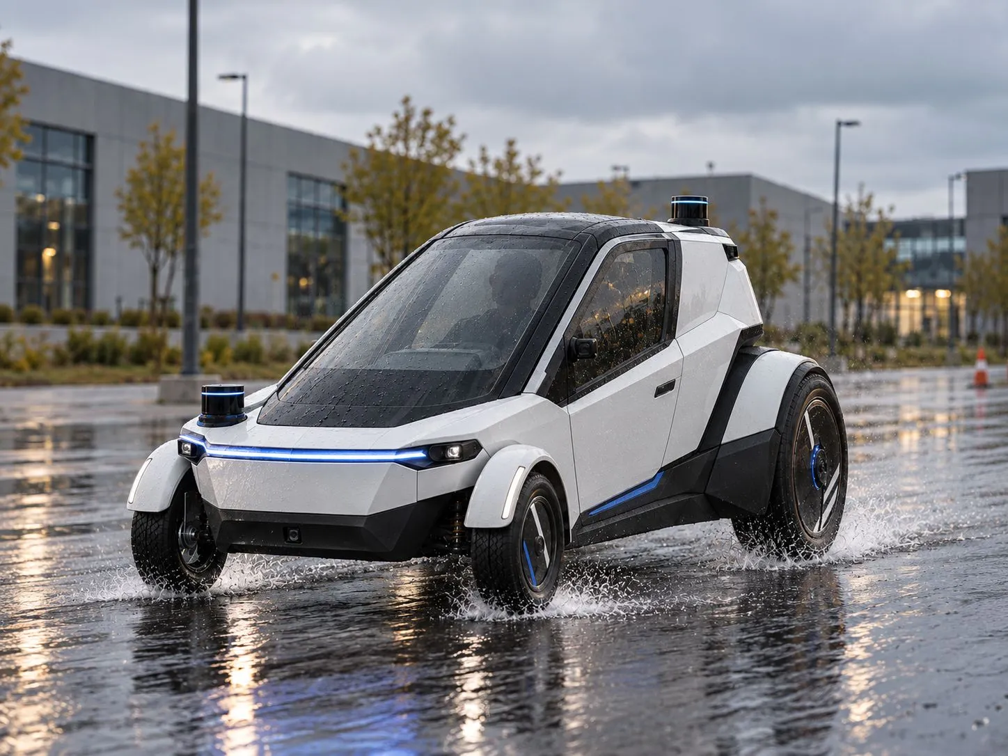 Beyaz otonom Robotaksi aracı ıslak zeminde